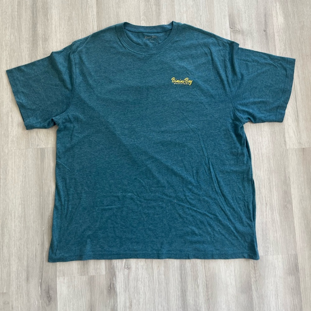Bimini Bay Graphic Tshirt. Color is blue green. Size XL